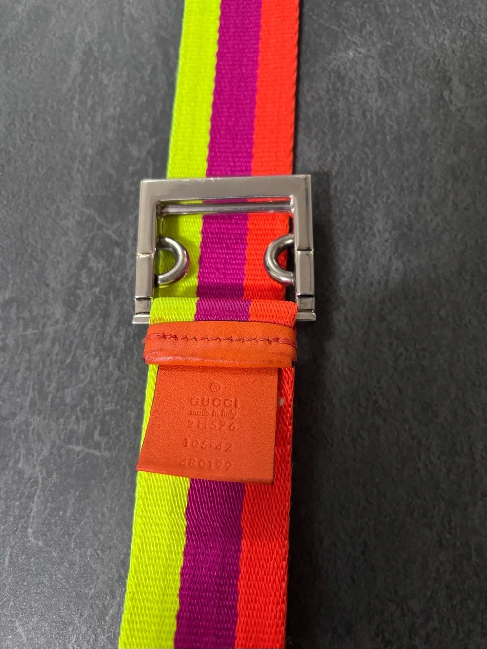 Gucci Men’s Neon Yellow Pink Orange Stripe Fabric Belt with Silver Buckle